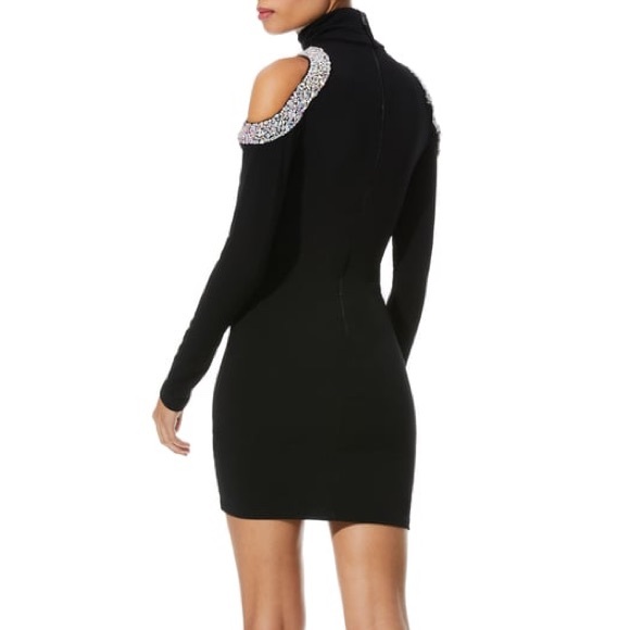 ALICE + OLIVIA Delora Embellished Shoulder cutout turtle neck mini Black Dress 2 - Picture 5 of 16